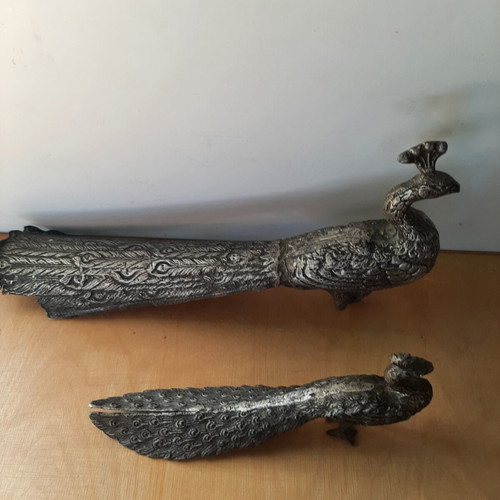 Traditional metal peacocks used, vintage 1950s-60s set