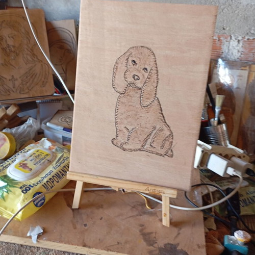 Handmade pyrography on wood, A4 size, dog design