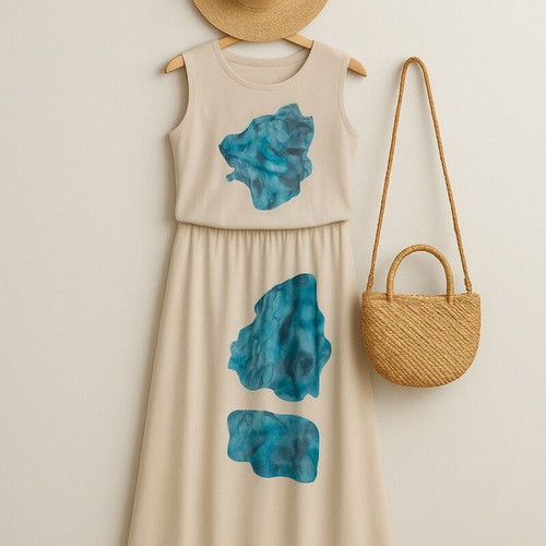 OAKS Twin Set like new beige with blue abstract watercolor motifs M/L