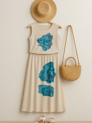 OAKS Twin Set like new beige with blue abstract watercolor motifs M/L