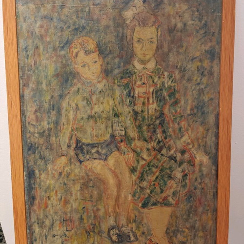Old Oil Painting on Canvas Children Portrait refurbished