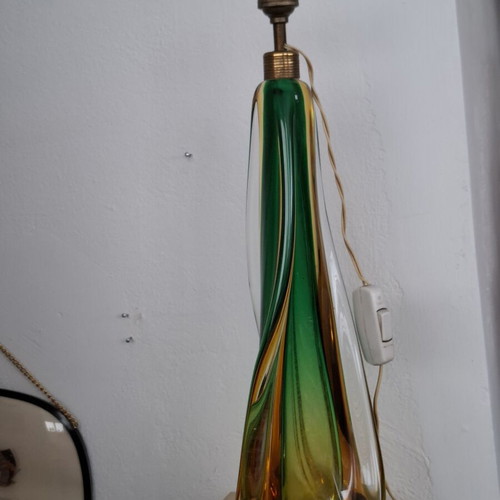 Murano Sommerso Table Lamp used, hand-blown green and amber glass with brass ring