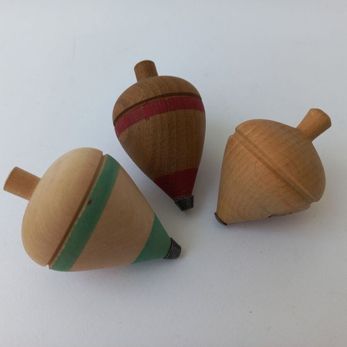 Set of 3 old wooden spinning tops like new