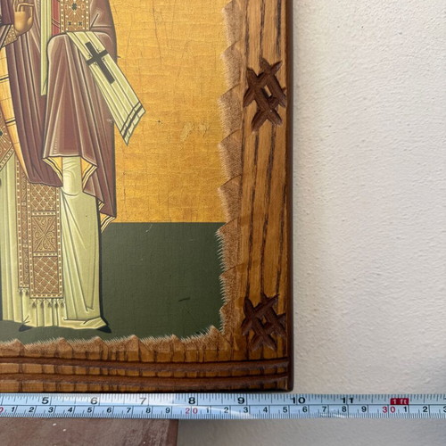 Vintage Byzantine Icon Saint Spyridon on Hand-Carved Wood like new