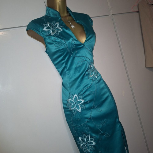 Jane Norman Oriental dress turquoise green size S 10 38