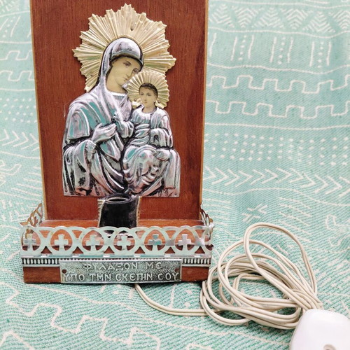 Electric icon stand 1980s with Virgin Mary Theotokos