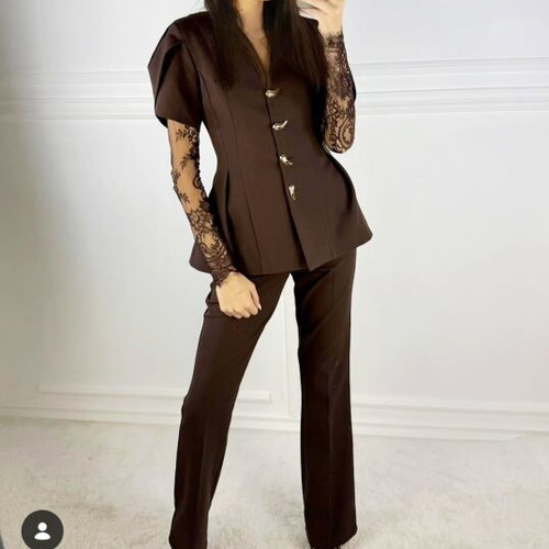 Club brown set new, blazer with lace sleeves and pants XL 42
