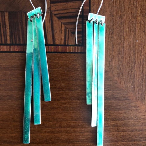 Silver earrings used, long, turquoise color