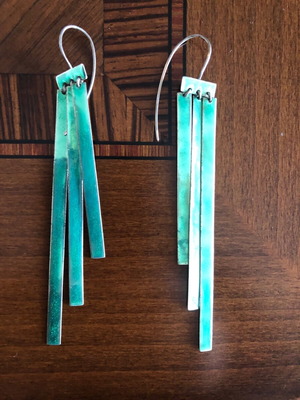 Silver earrings used, long, turquoise color