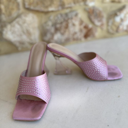 Pink satin mules with strass used, clear plexiglass heel, size 40