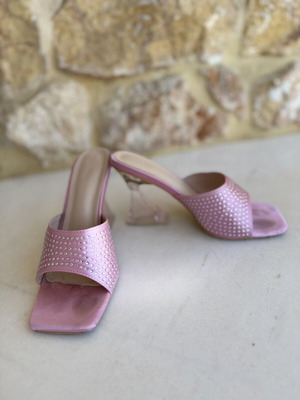Pink satin mules with strass used, clear plexiglass heel, size 40
