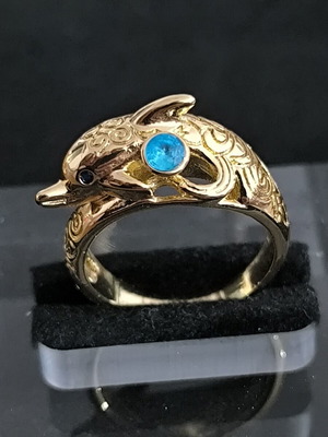 Dolphin Ring Gold Tone with Blue Stone new