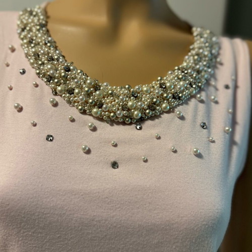 Pink top with pearls and crystals neckline, like new, M/L