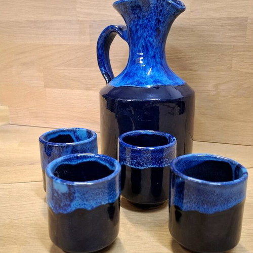 Ceramic wine set handmade, new, blue and black Fat Lava finish