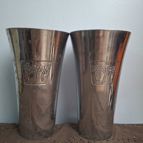 Metal floral imprint vases used, two large 1990s