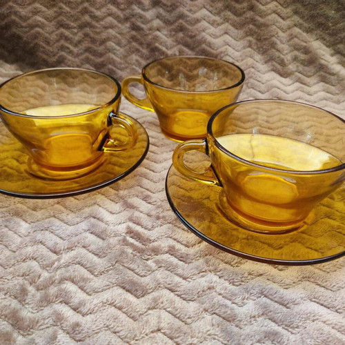 Bormioli VitroSax Italy cups and plates used, set of 5, vintage '70