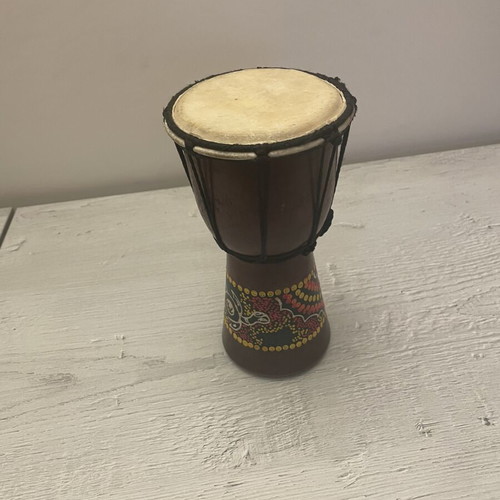 Djembe drum used, handmade African percussion with decorative ethnic design