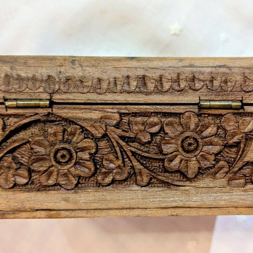Vintage handmade carved wooden box jewelry case