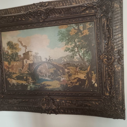 Embroidery painting in heavy vintage frame from the 70s like new