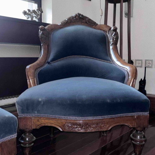 Vintage living room set like new, solid wood, velvet fabric