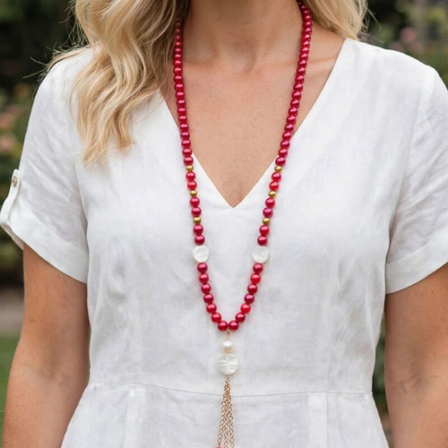 Red Tassel Boho Long Necklace and Earrings Set new