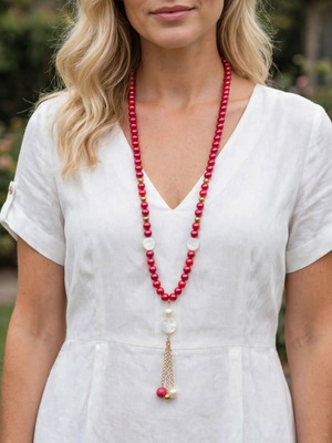Red Tassel Boho Long Necklace and Earrings Set new