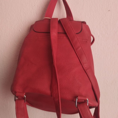 Red leather backpack new, adjustable straps, drawstring closure