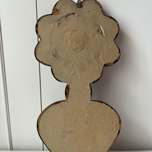 Vintage wooden wall key holder with flower and heart embroidery used