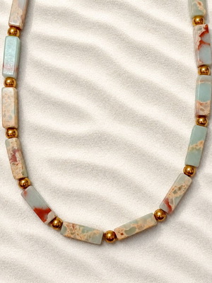 Handmade steel necklace with jasper, new, multicolor and gold