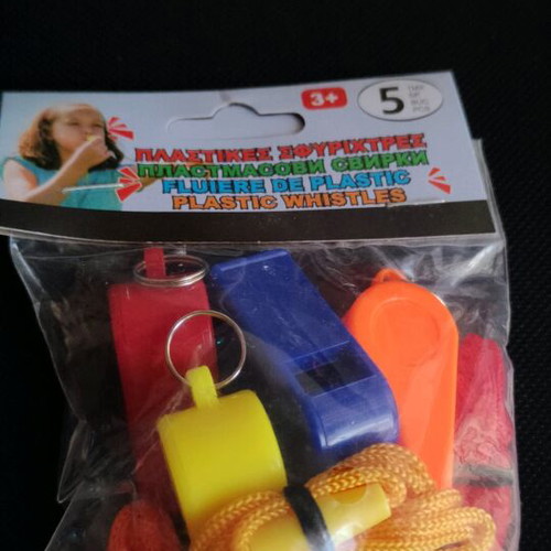 Plastic whistles pack of 5 new, assorted colors