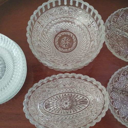 Vintage glass serving set, 22 pieces with embossed designs