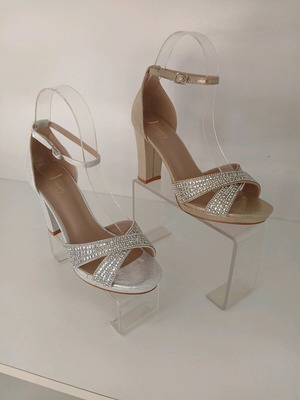 Women's sandals new with rhinestones, 10 cm heel, white and gold