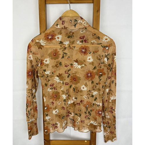 Vintage sheer shirt with floral design and ruffle, like new, brown