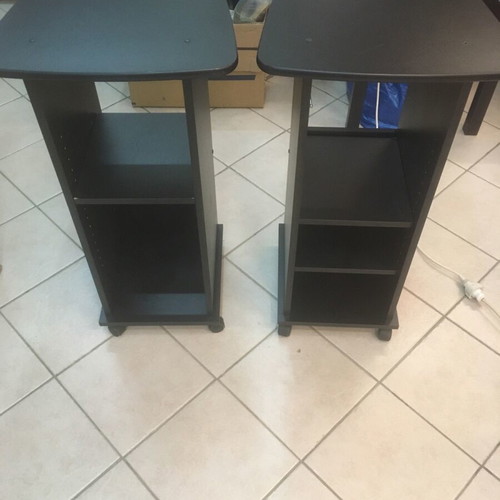 Rolling side tables like new, black melamine shelves, set of 2