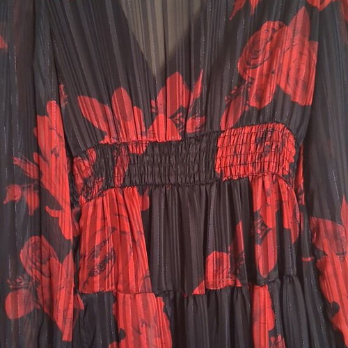 Dress like new, size S/M, black with red flowers, transparent back and sleeves