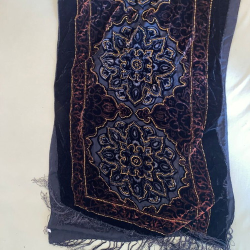 Vintage silk scarf with velvet and beads, like new, 150x50 cm