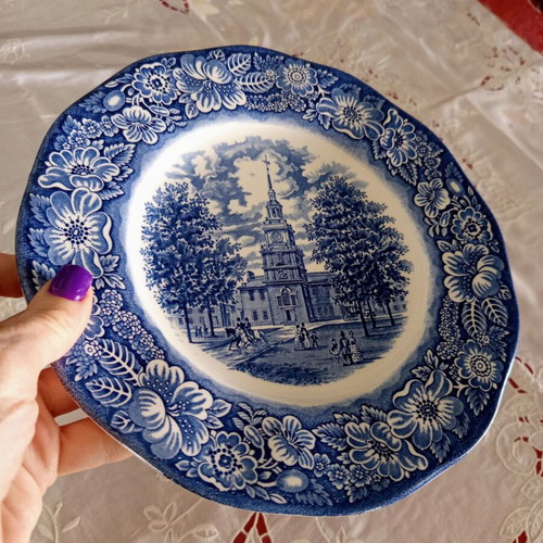 Staffordshire Ironstone plate used, cobalt blue, made in England