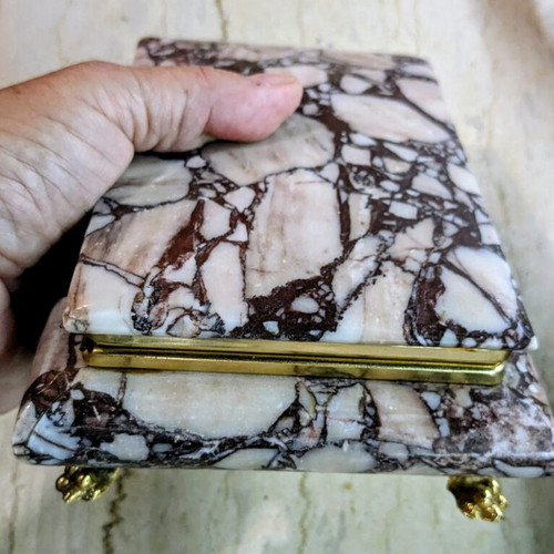 Vintage Italian Breccia marble jewelry box with brass details