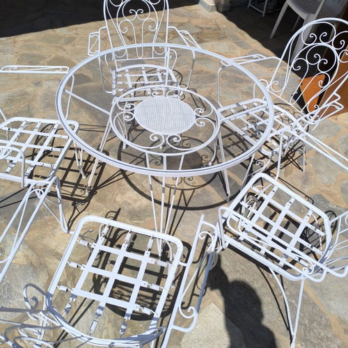 Fer Forgé garden table set with 5 chairs, painted, 90cm diameter