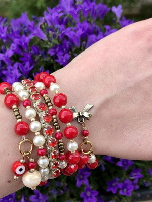 Multilayer bracelet red white with rhinestones and evil eye new