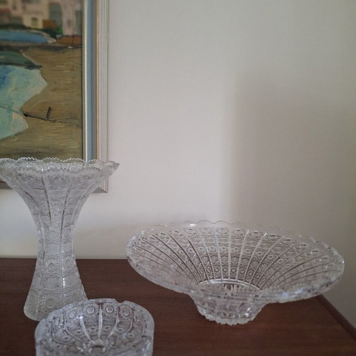 Bohemian Crystal Bowl like new with rich carving, diameter 36 cm