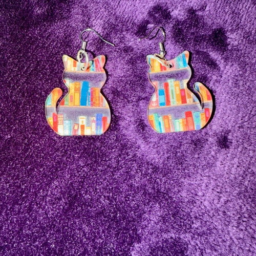Cat earrings new, colorful acrylic with book design