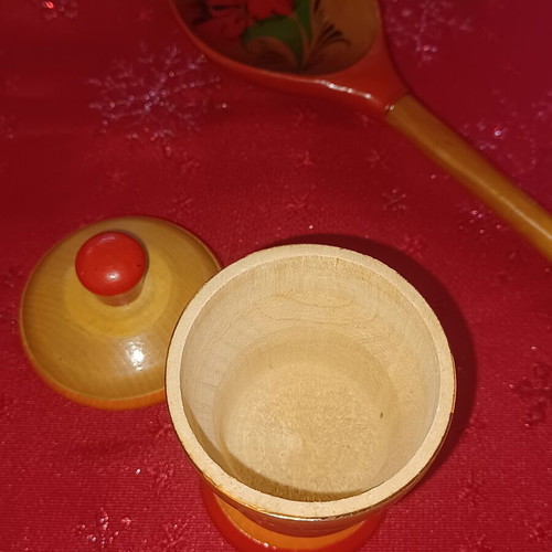 Handmade wooden decorative set with spoon and lidded container like new