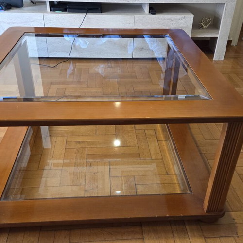 Coffee table set used, wooden with glass surfaces