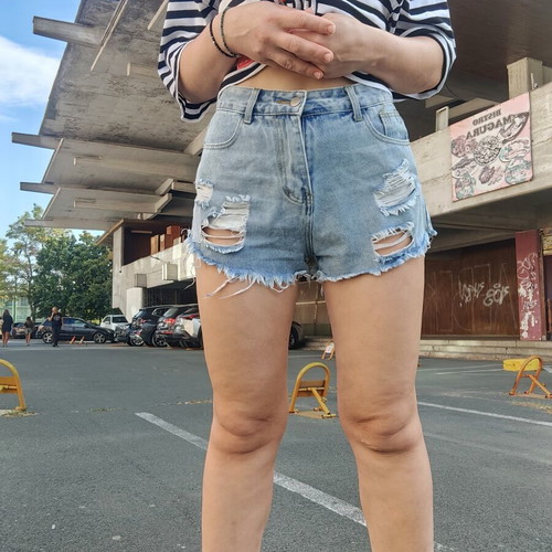 Women's denim shorts, size S-M, blue and turquoise