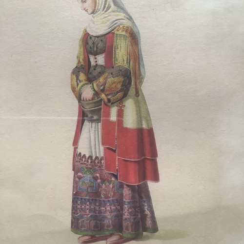Chromolithograph of traditional Athens costume used, framed 45x50cm