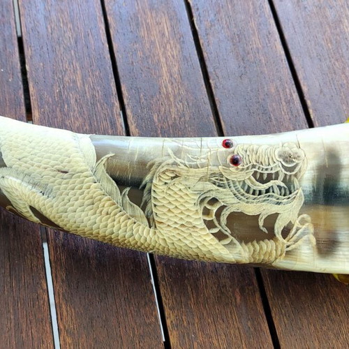 Buffalo horn with handmade dragon carving like new