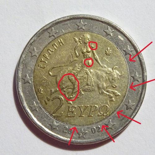 2 Euro Coin 2002 Greece used with minting errors and S in star