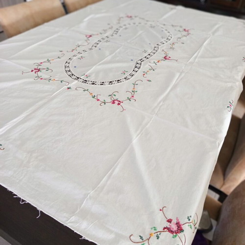 Tablecloth white cotton with cross-stitch and cutwork, like new 160x120 cm
