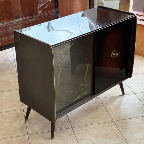 Wooden bar and audio system display cabinet, 1960s